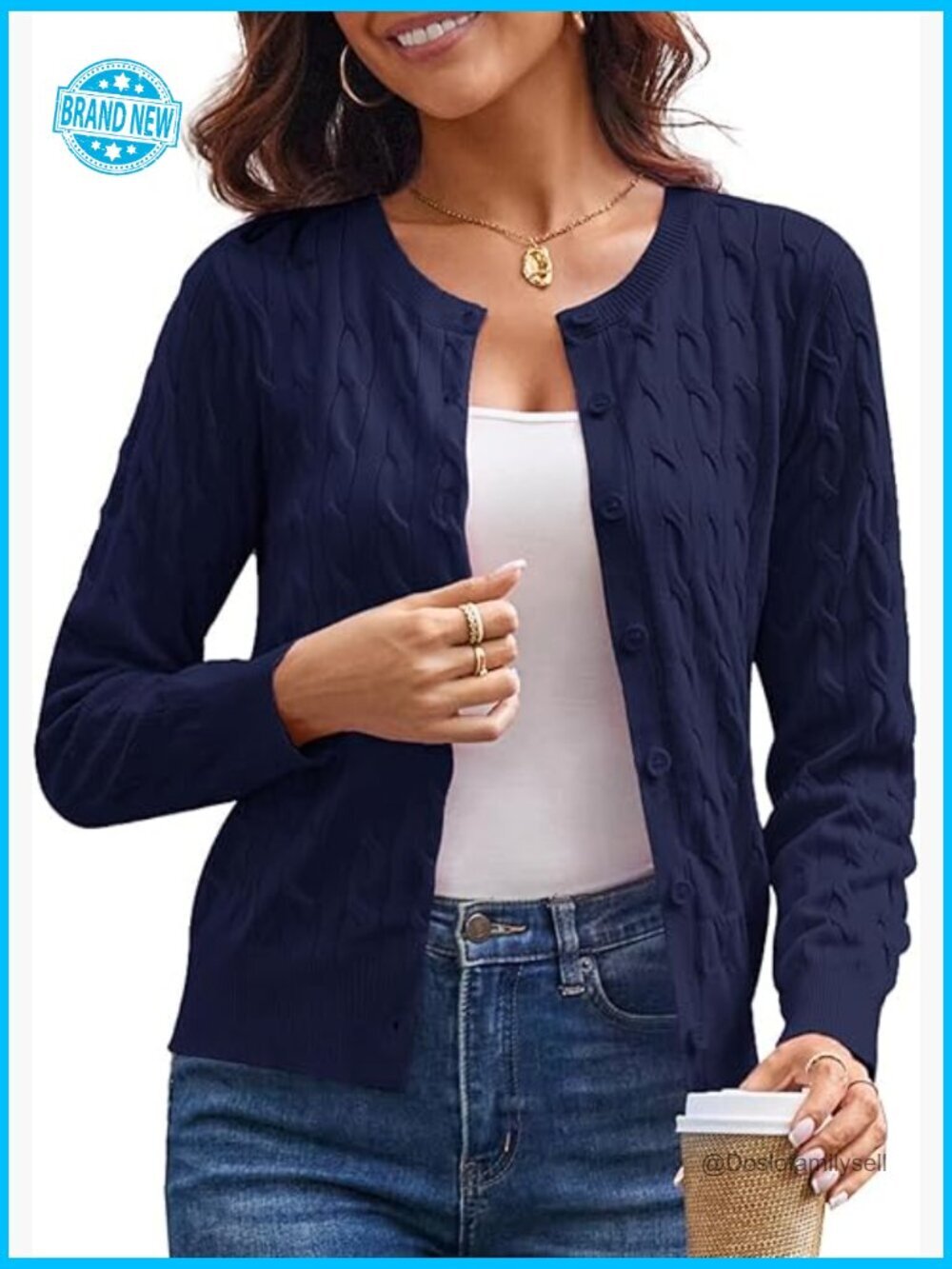 Long Sleeve Button Up Cable Knit Cardigan Lightweight Crewneck Sweater Women